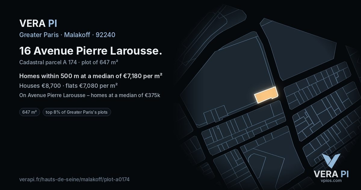 16 Avenue Pierre Larousse, Malakoff at night – the plot lit, the parcels around coloured by the prices near them