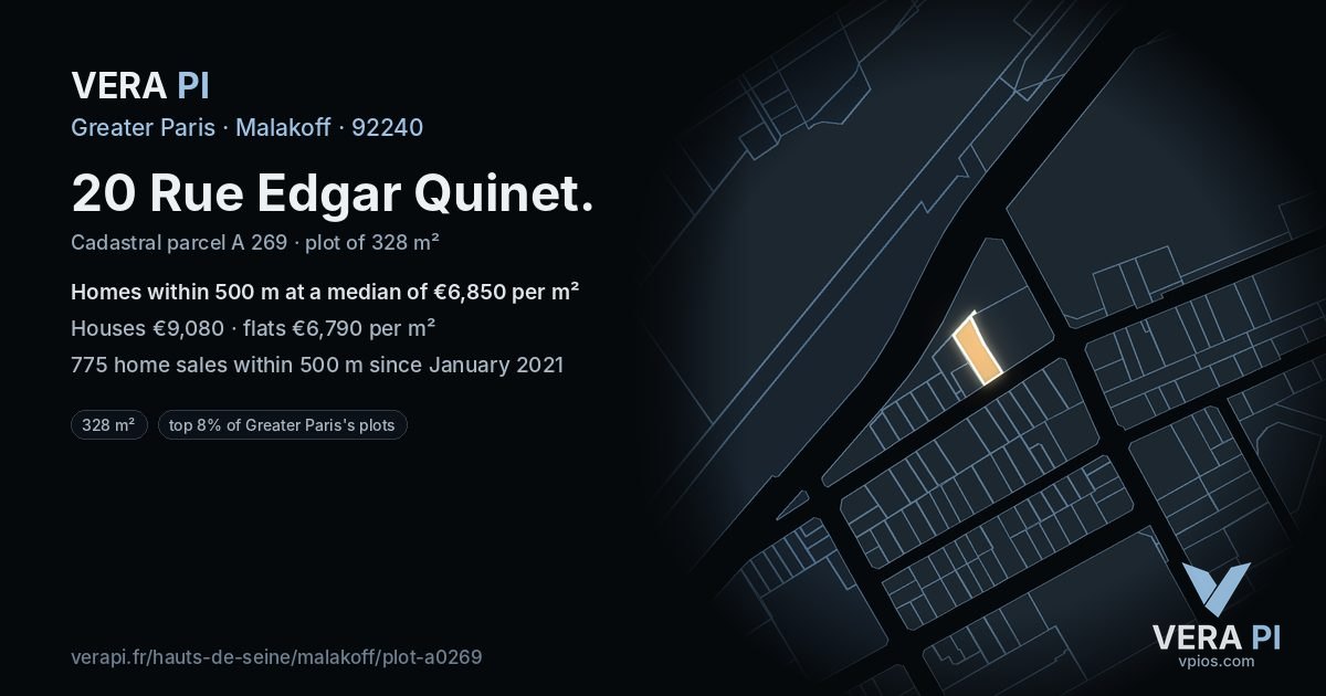20 Rue Edgar Quinet, Malakoff at night – the plot lit, the parcels around coloured by the prices near them