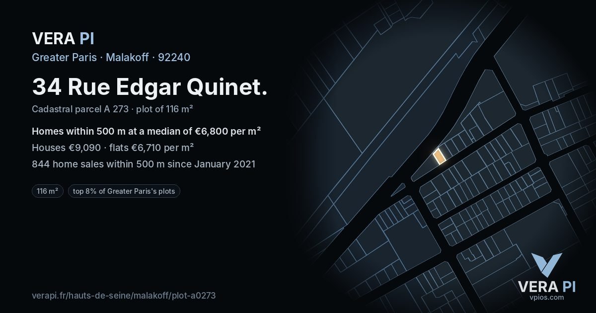 34 Rue Edgar Quinet, Malakoff at night – the plot lit, the parcels around coloured by the prices near them