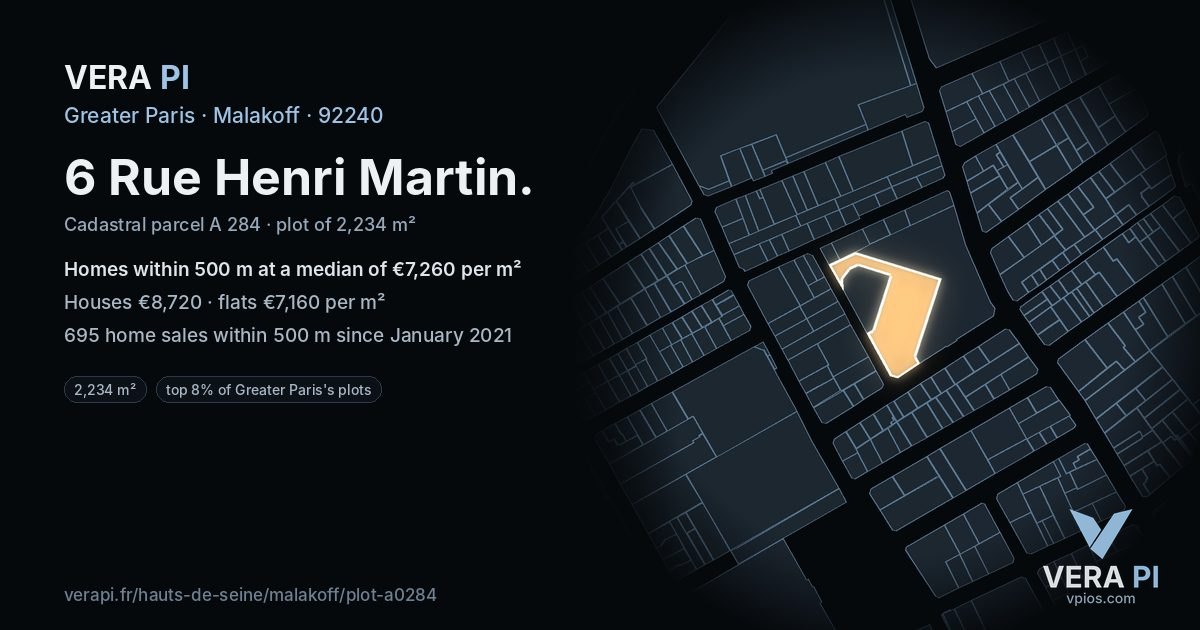 6 Rue Henri Martin, Malakoff at night – the plot lit, the parcels around coloured by the prices near them