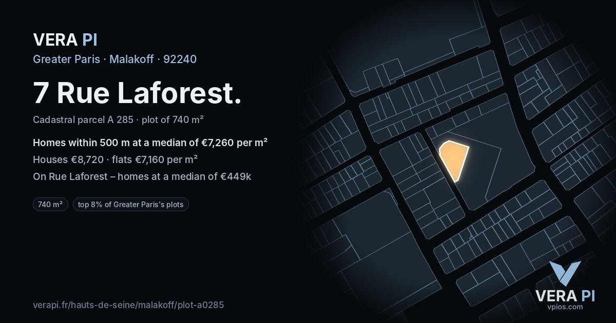7 Rue Laforest, Malakoff at night – the plot lit, the parcels around coloured by the prices near them
