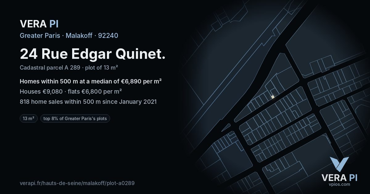 24 Rue Edgar Quinet, Malakoff at night – the plot lit, the parcels around coloured by the prices near them