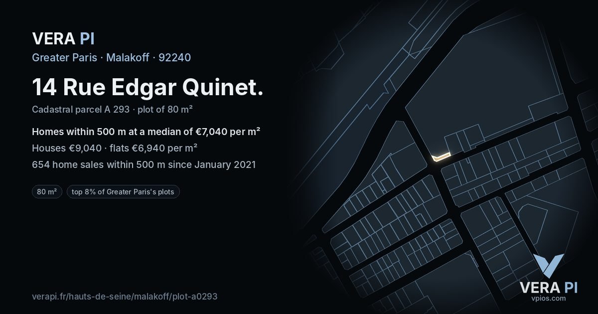14 Rue Edgar Quinet, Malakoff at night – the plot lit, the parcels around coloured by the prices near them
