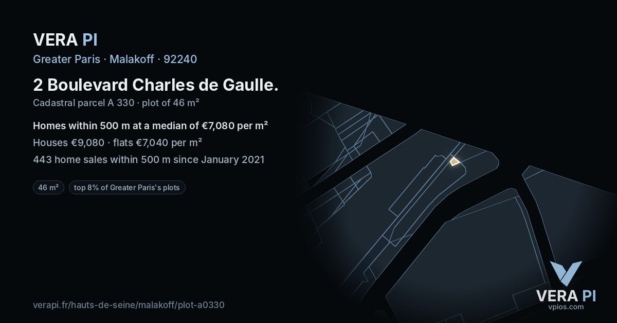 2 Boulevard Charles de Gaulle, Malakoff at night – the plot lit, the parcels around coloured by the prices near them
