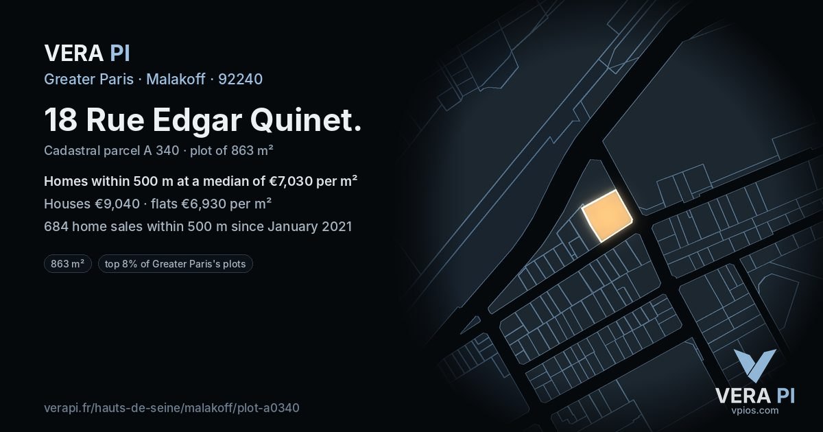 18 Rue Edgar Quinet, Malakoff at night – the plot lit, the parcels around coloured by the prices near them