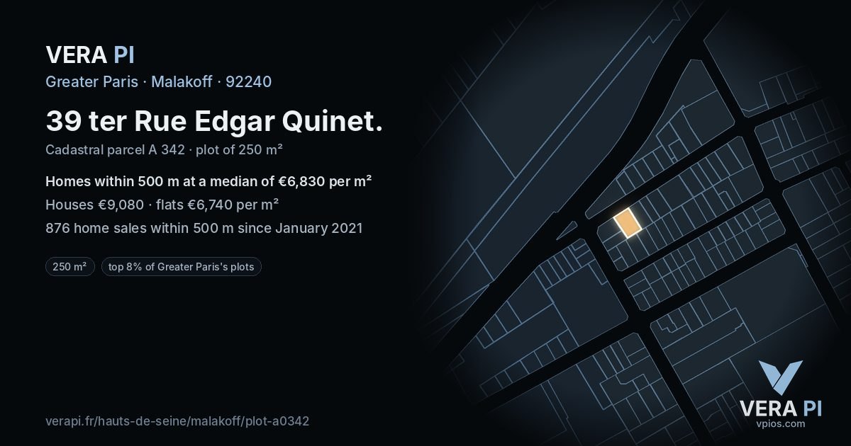 39 ter Rue Edgar Quinet, Malakoff at night – the plot lit, the parcels around coloured by the prices near them