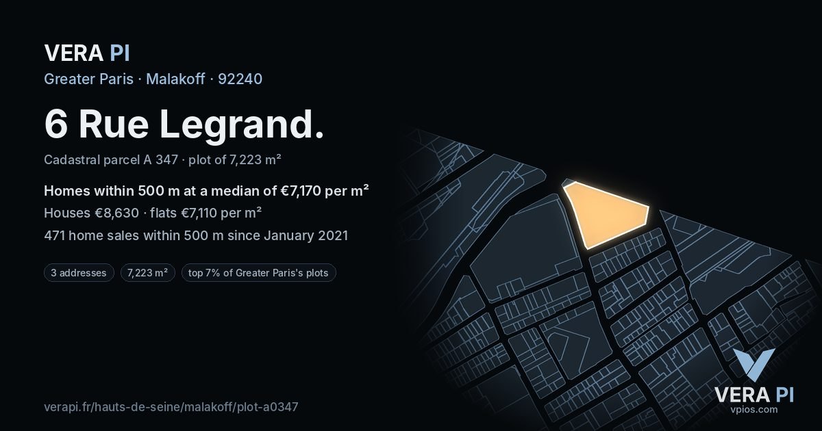 6 Rue Legrand, Malakoff at night – the plot lit, the parcels around coloured by the prices near them