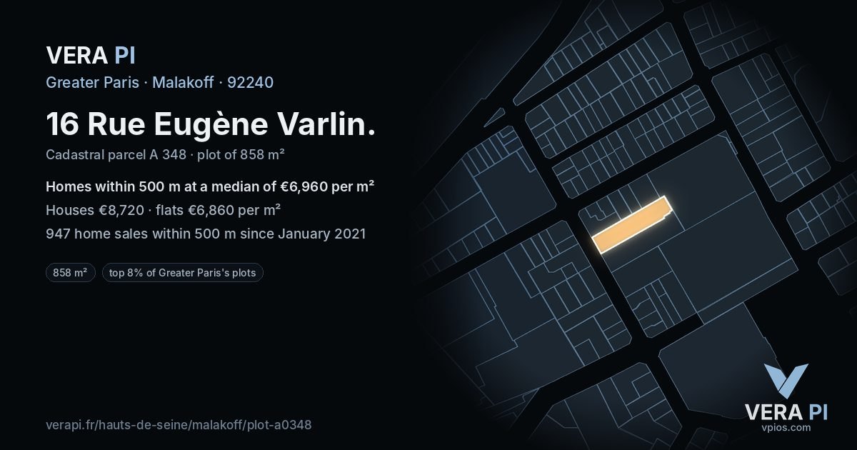 16 Rue Eugène Varlin, Malakoff at night – the plot lit, the parcels around coloured by the prices near them