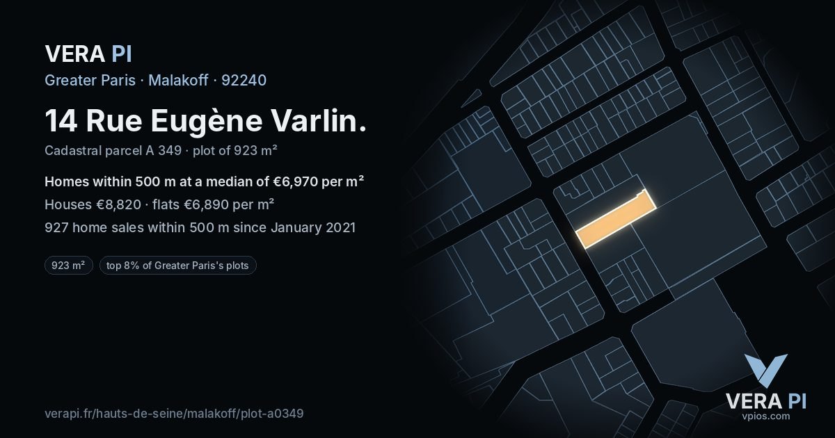14 Rue Eugène Varlin, Malakoff at night – the plot lit, the parcels around coloured by the prices near them