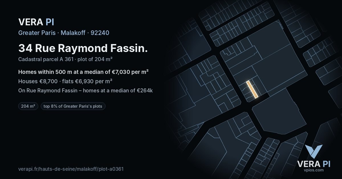 34 Rue Raymond Fassin, Malakoff at night – the plot lit, the parcels around coloured by the prices near them