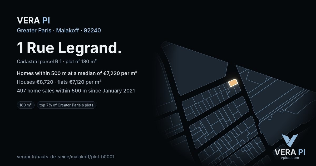 1 Rue Legrand, Malakoff at night – the plot lit, the parcels around coloured by the prices near them