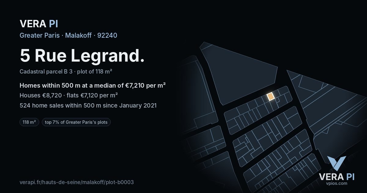 5 Rue Legrand, Malakoff at night – the plot lit, the parcels around coloured by the prices near them
