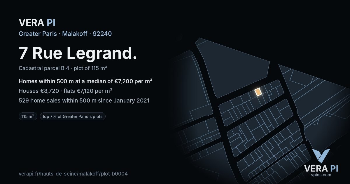 7 Rue Legrand, Malakoff at night – the plot lit, the parcels around coloured by the prices near them
