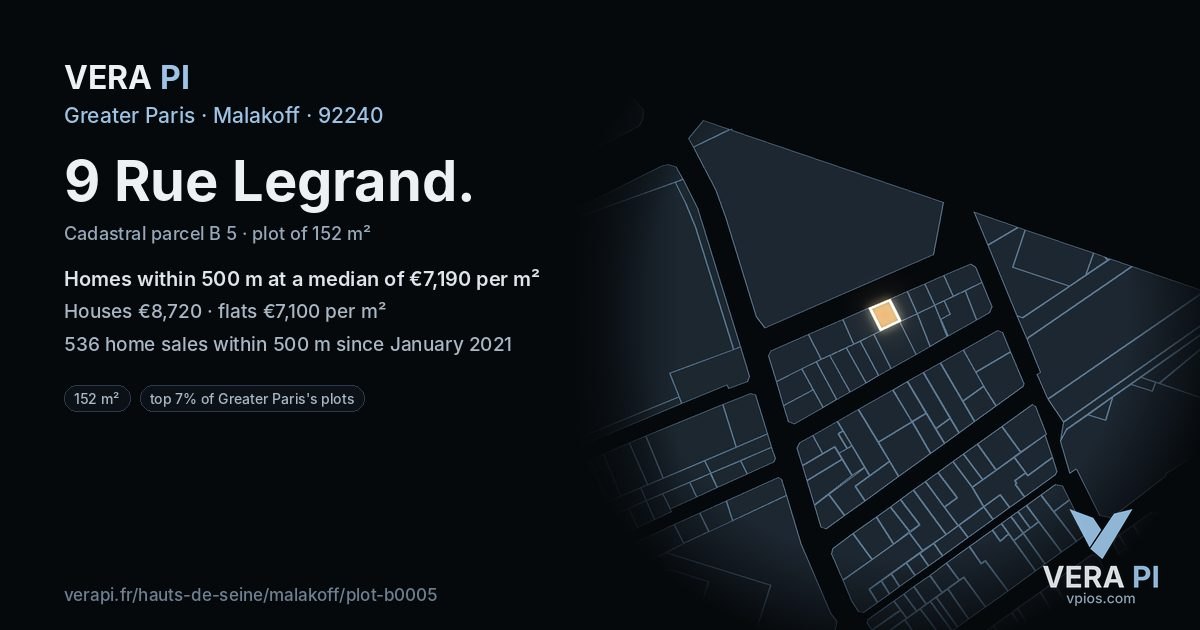 9 Rue Legrand, Malakoff at night – the plot lit, the parcels around coloured by the prices near them