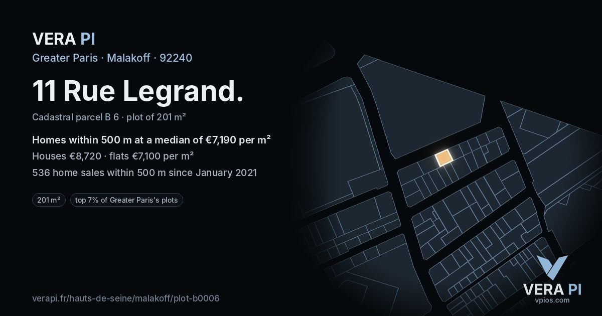 11 Rue Legrand, Malakoff at night – the plot lit, the parcels around coloured by the prices near them