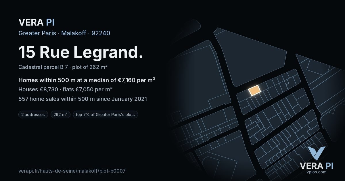 15 Rue Legrand, Malakoff at night – the plot lit, the parcels around coloured by the prices near them