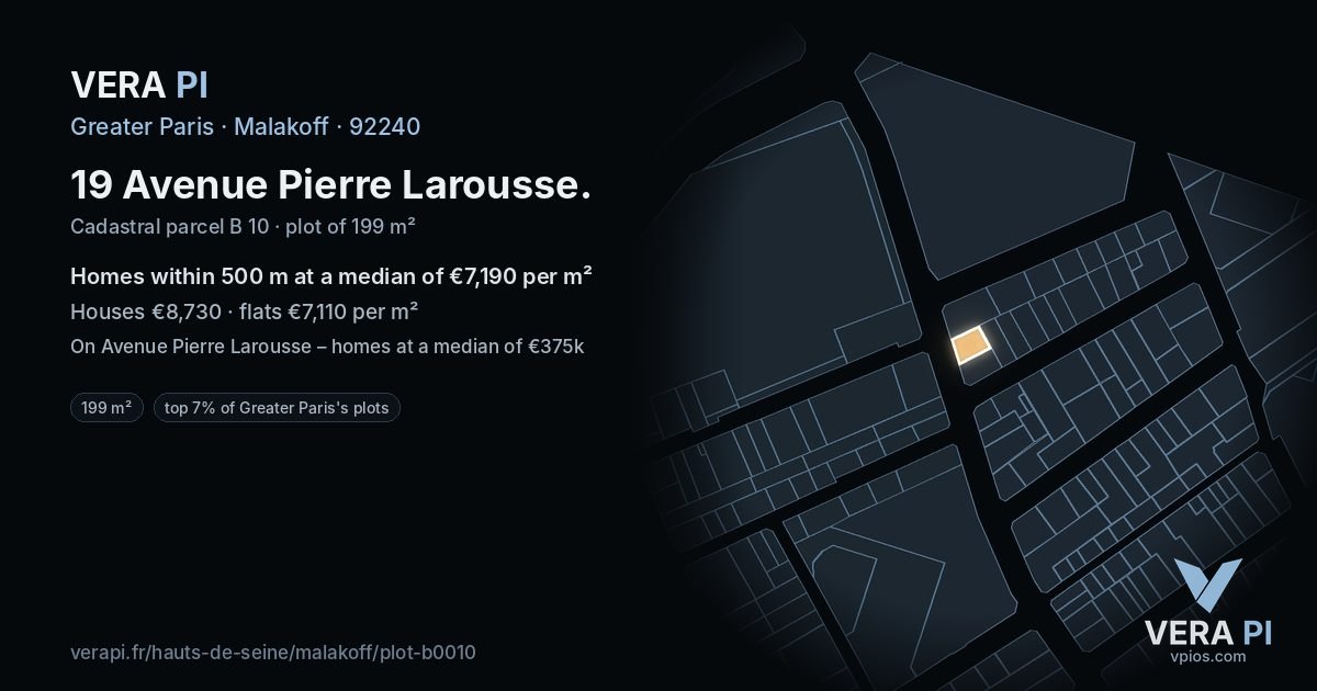 19 Avenue Pierre Larousse, Malakoff at night – the plot lit, the parcels around coloured by the prices near them