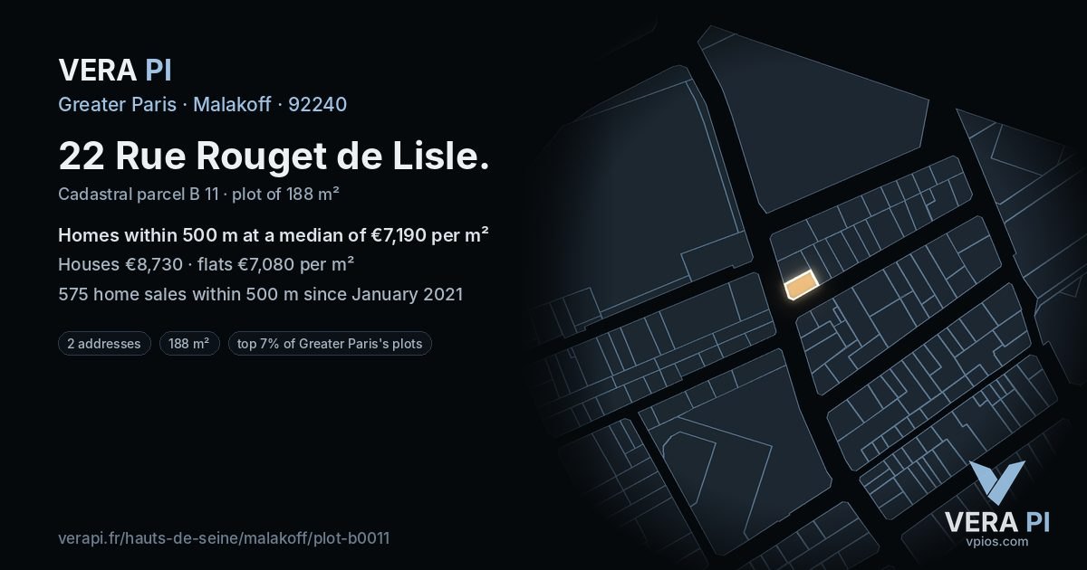 22 Rue Rouget de Lisle, Malakoff at night – the plot lit, the parcels around coloured by the prices near them