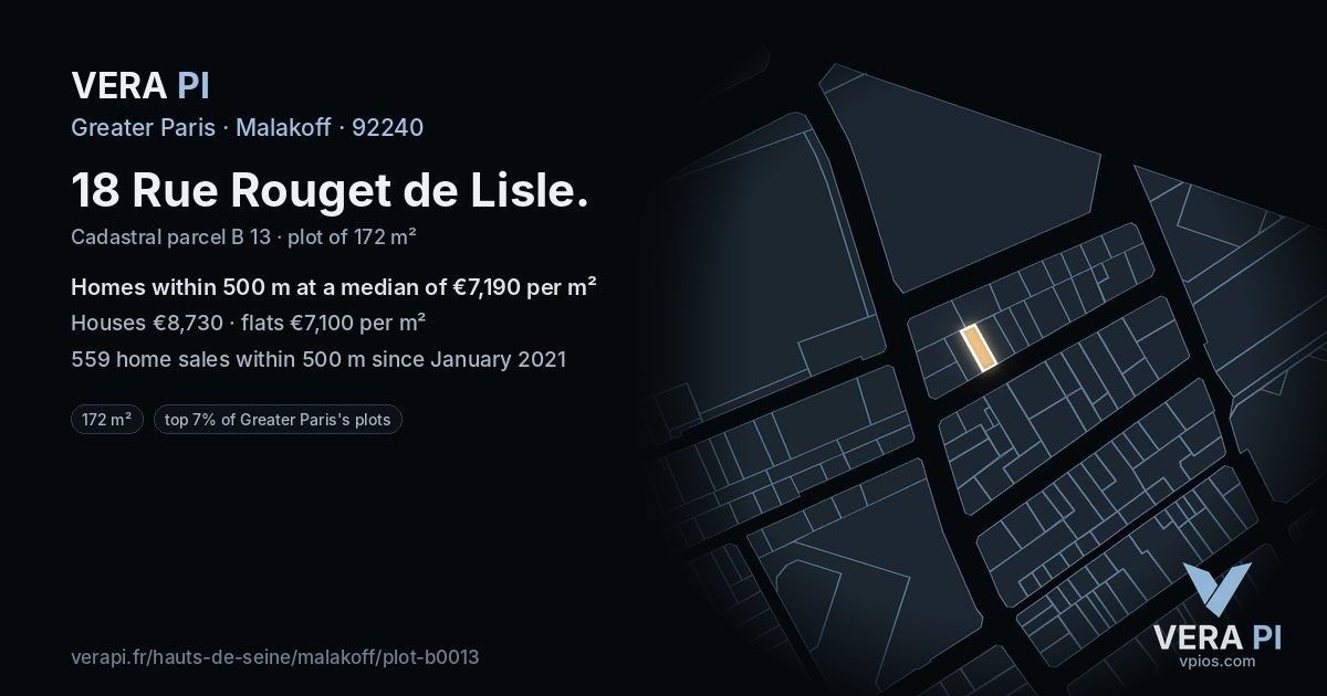 18 Rue Rouget de Lisle, Malakoff at night – the plot lit, the parcels around coloured by the prices near them