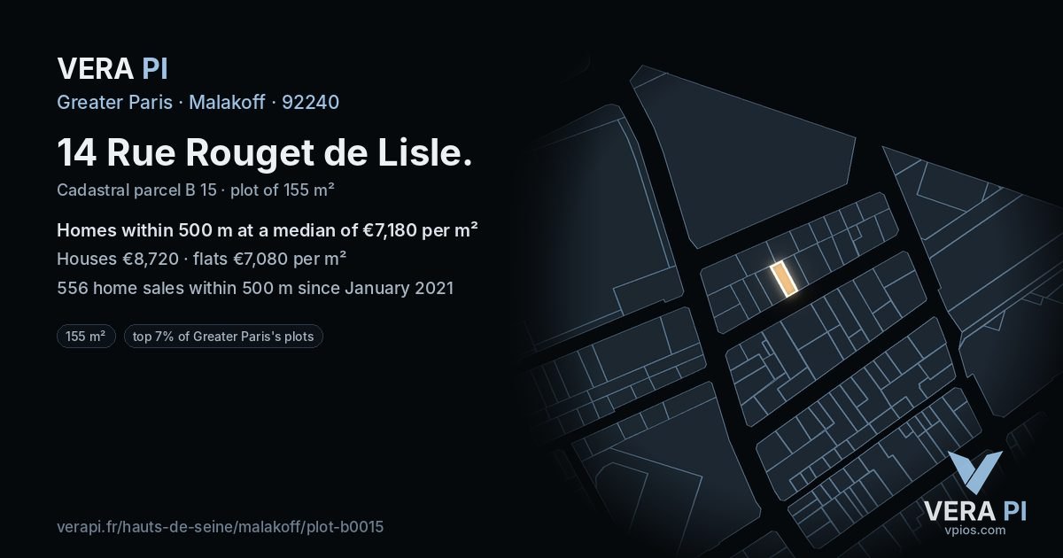 14 Rue Rouget de Lisle, Malakoff at night – the plot lit, the parcels around coloured by the prices near them