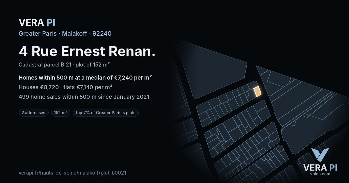 4 Rue Ernest Renan, Malakoff at night – the plot lit, the parcels around coloured by the prices near them