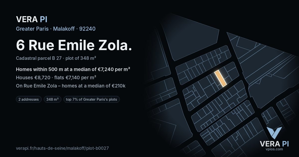 6 Rue Emile Zola, Malakoff at night – the plot lit, the parcels around coloured by the prices near them