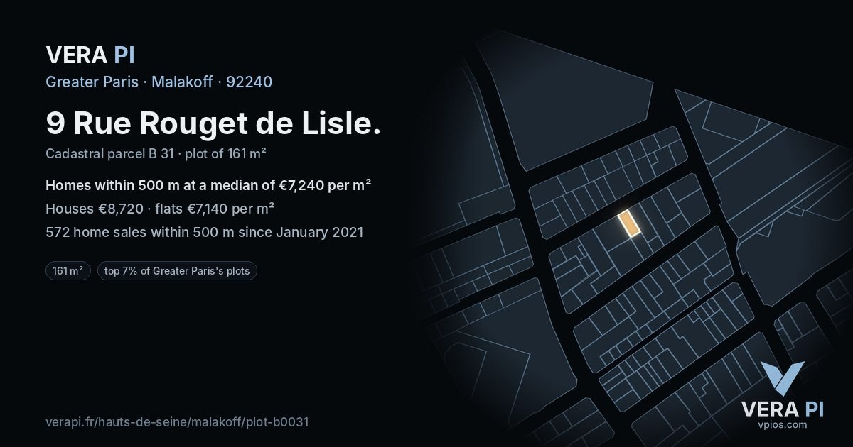 9 Rue Rouget de Lisle, Malakoff at night – the plot lit, the parcels around coloured by the prices near them