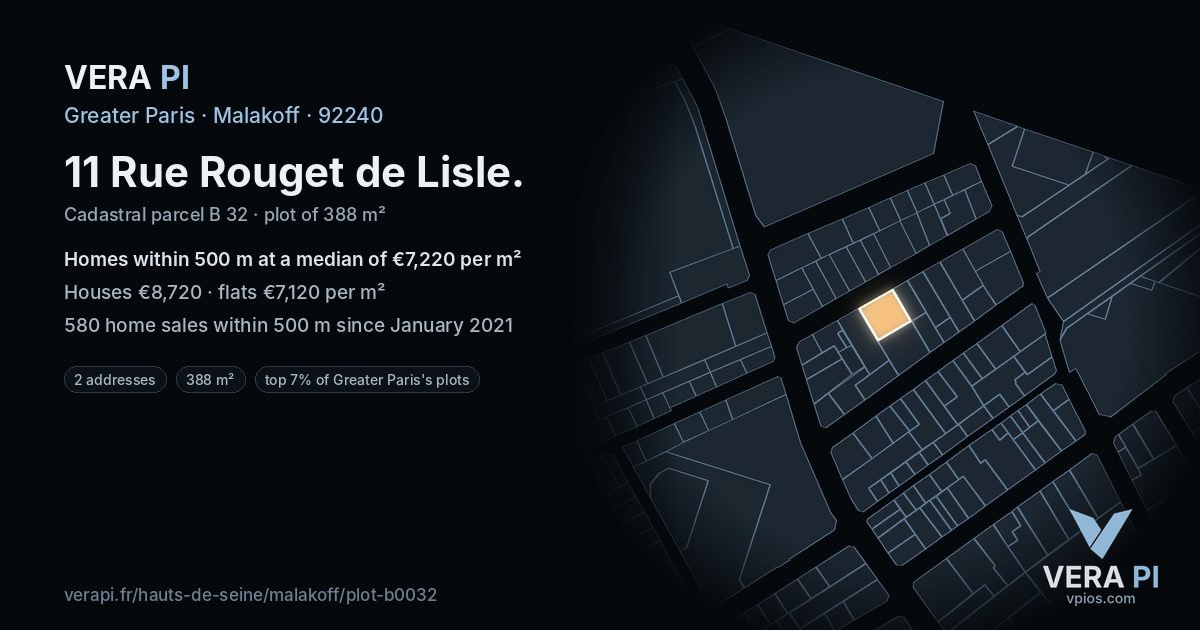 11 Rue Rouget de Lisle, Malakoff at night – the plot lit, the parcels around coloured by the prices near them