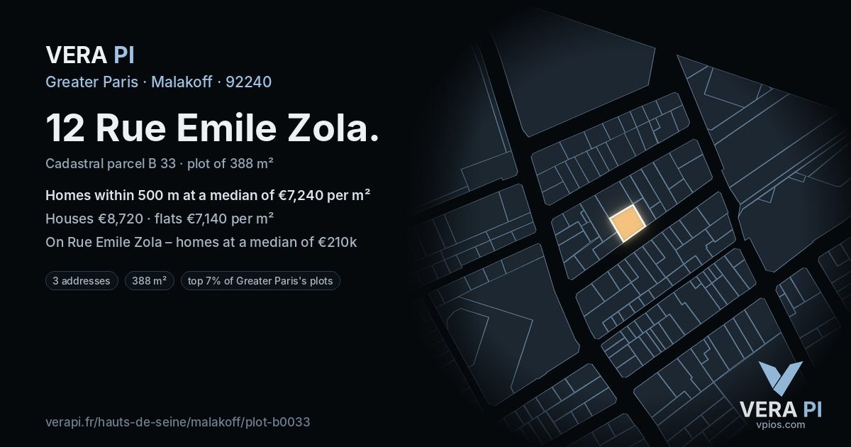 12 Rue Emile Zola, Malakoff at night – the plot lit, the parcels around coloured by the prices near them