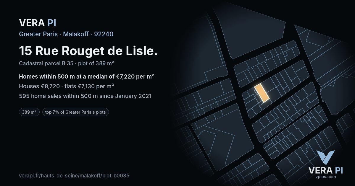 15 Rue Rouget de Lisle, Malakoff at night – the plot lit, the parcels around coloured by the prices near them