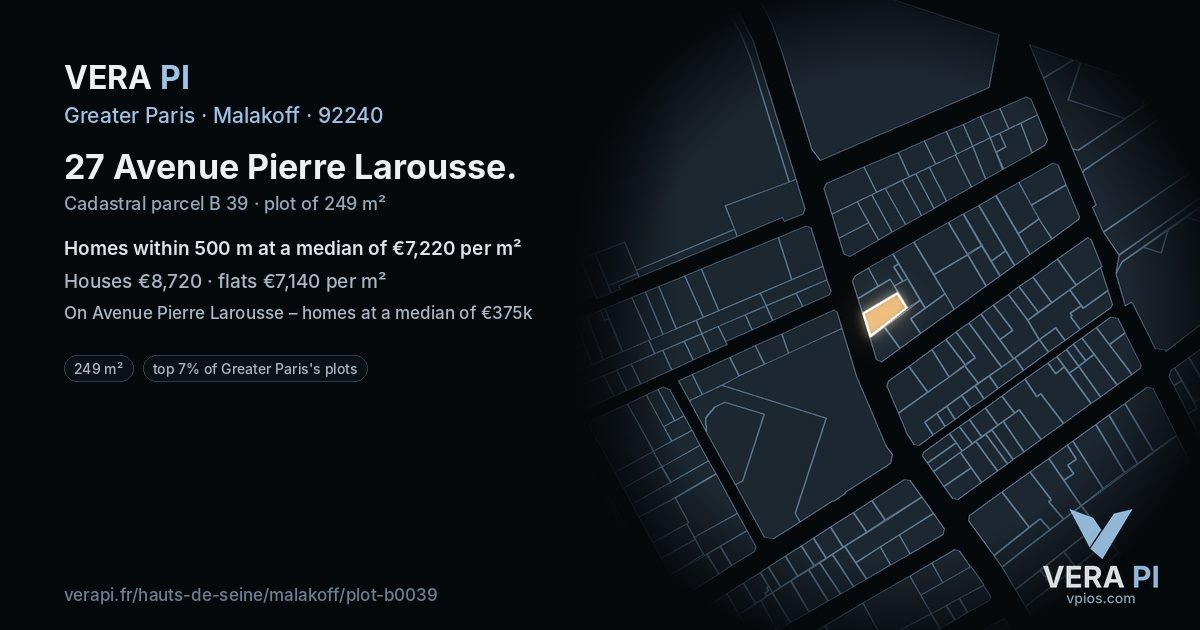 27 Avenue Pierre Larousse, Malakoff at night – the plot lit, the parcels around coloured by the prices near them