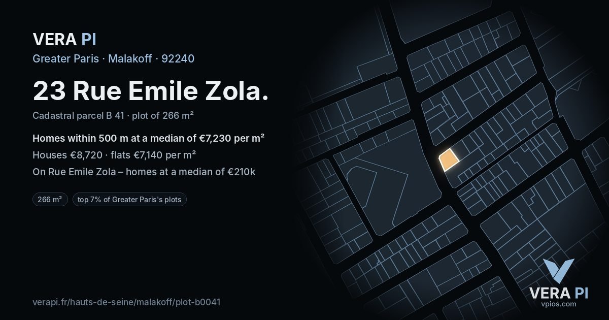 23 Rue Emile Zola, Malakoff at night – the plot lit, the parcels around coloured by the prices near them
