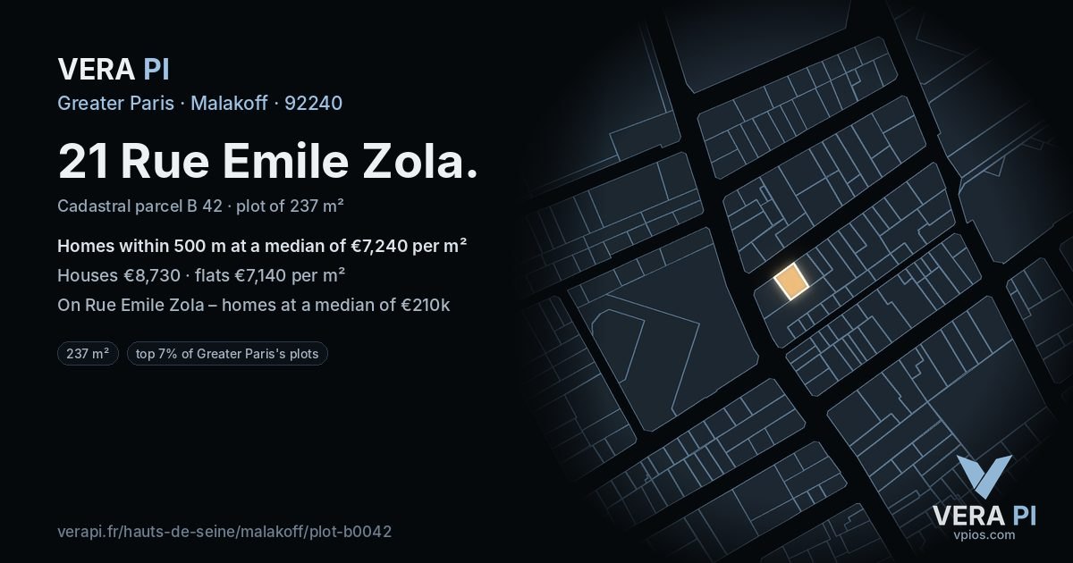 21 Rue Emile Zola, Malakoff at night – the plot lit, the parcels around coloured by the prices near them