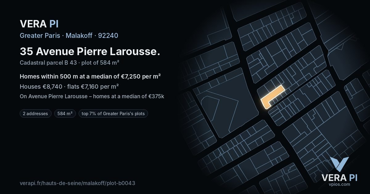 35 Avenue Pierre Larousse, Malakoff at night – the plot lit, the parcels around coloured by the prices near them