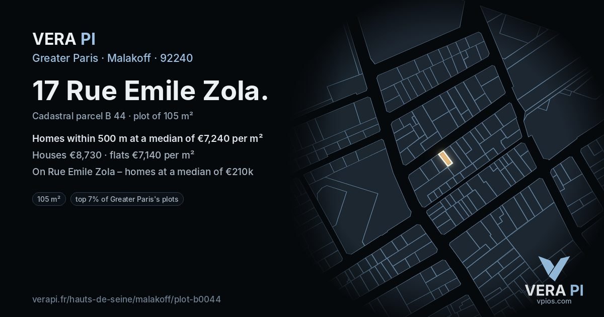 17 Rue Emile Zola, Malakoff at night – the plot lit, the parcels around coloured by the prices near them