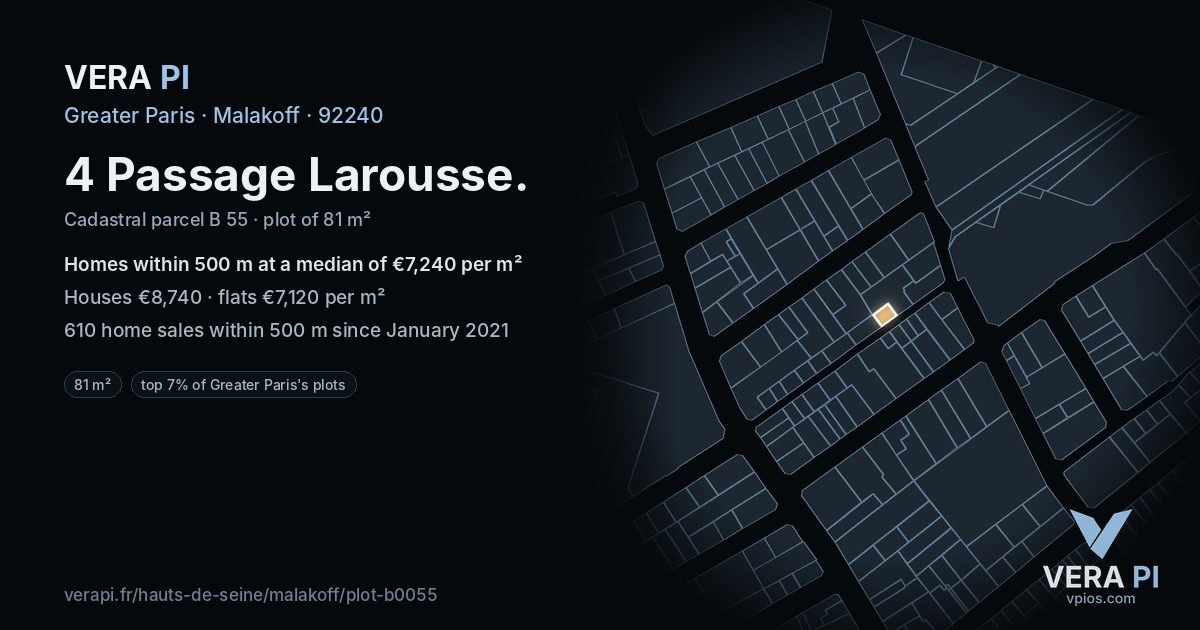 4 Passage Larousse, Malakoff at night – the plot lit, the parcels around coloured by the prices near them
