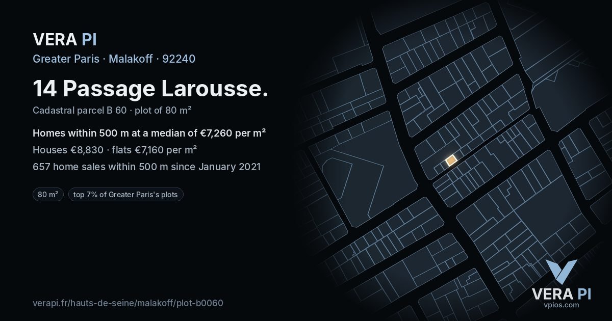 14 Passage Larousse, Malakoff at night – the plot lit, the parcels around coloured by the prices near them