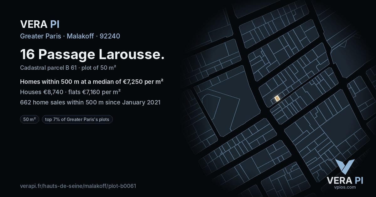 16 Passage Larousse, Malakoff at night – the plot lit, the parcels around coloured by the prices near them