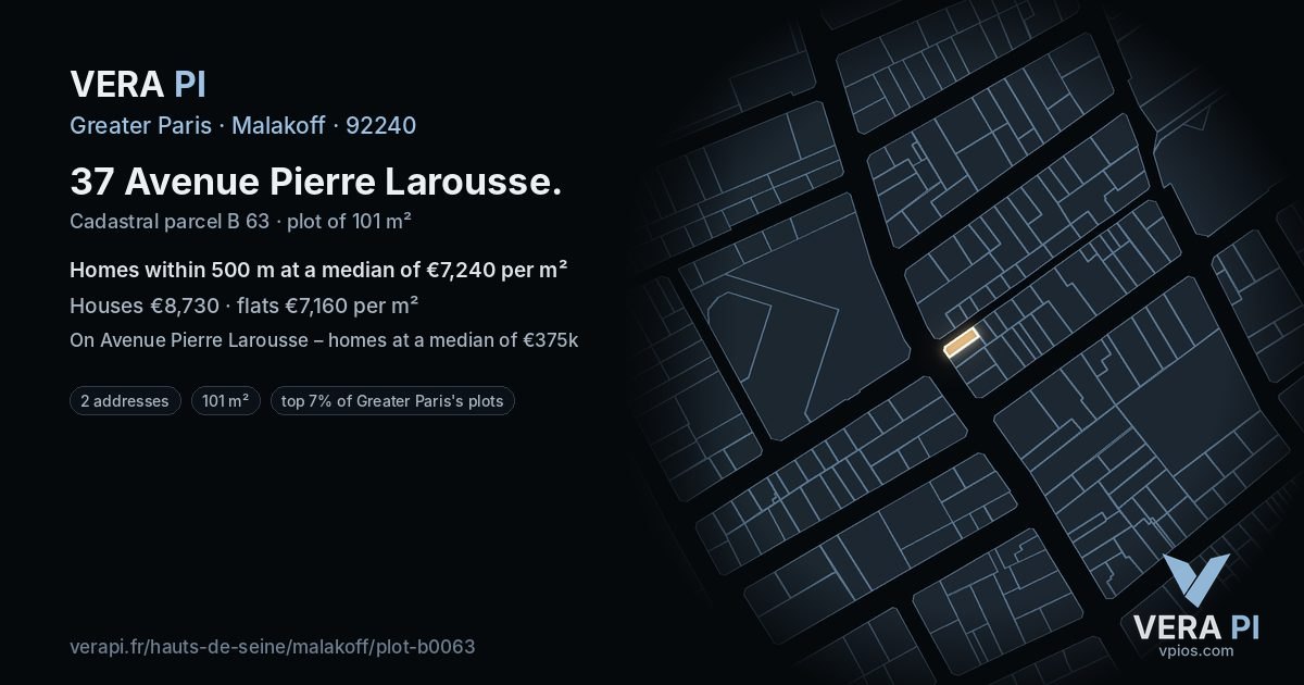 37 Avenue Pierre Larousse, Malakoff at night – the plot lit, the parcels around coloured by the prices near them