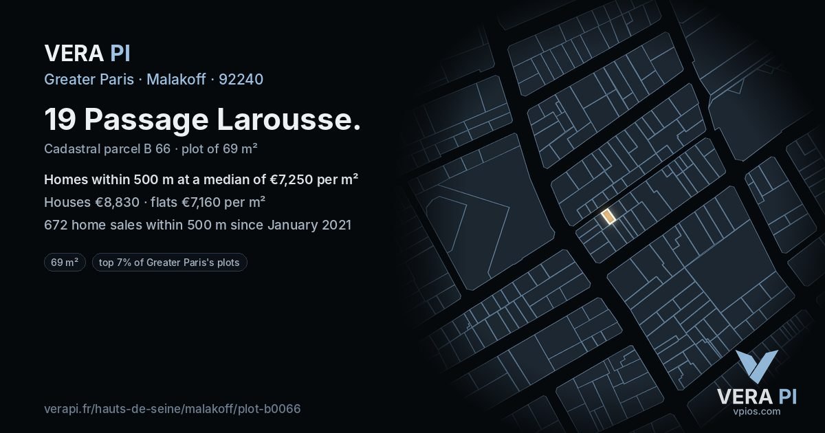 19 Passage Larousse, Malakoff at night – the plot lit, the parcels around coloured by the prices near them