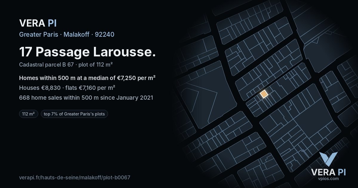 17 Passage Larousse, Malakoff at night – the plot lit, the parcels around coloured by the prices near them