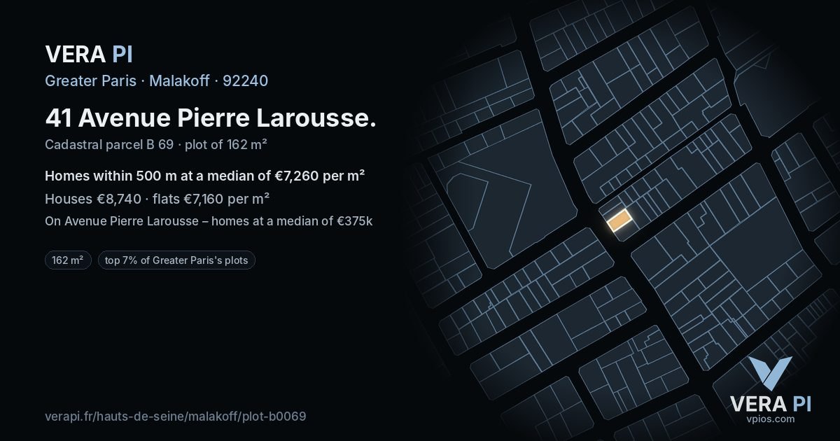41 Avenue Pierre Larousse, Malakoff at night – the plot lit, the parcels around coloured by the prices near them