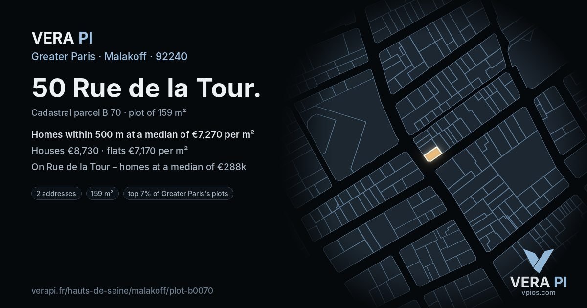 50 Rue de la Tour, Malakoff at night – the plot lit, the parcels around coloured by the prices near them