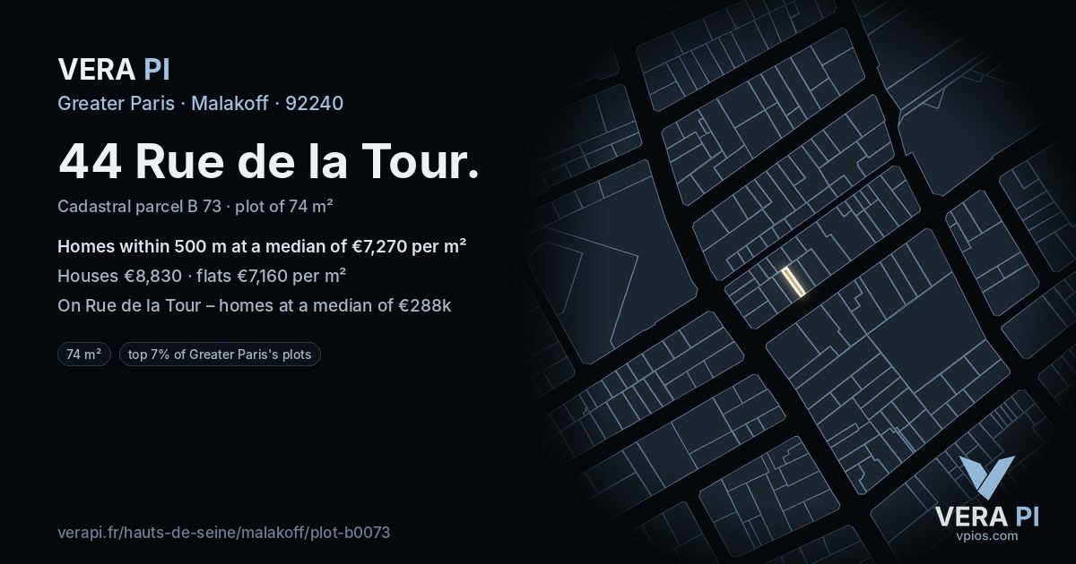 44 Rue de la Tour, Malakoff at night – the plot lit, the parcels around coloured by the prices near them