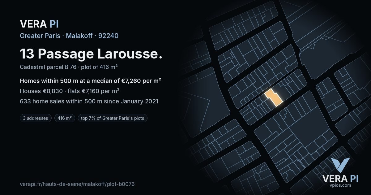 13 Passage Larousse, Malakoff at night – the plot lit, the parcels around coloured by the prices near them