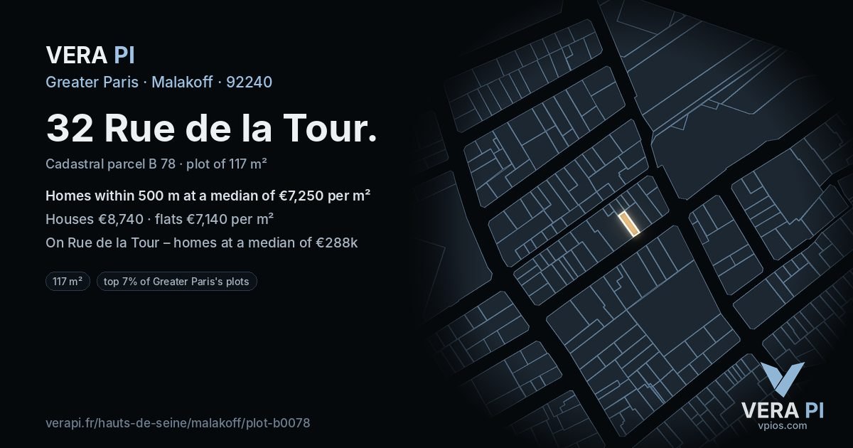 32 Rue de la Tour, Malakoff at night – the plot lit, the parcels around coloured by the prices near them