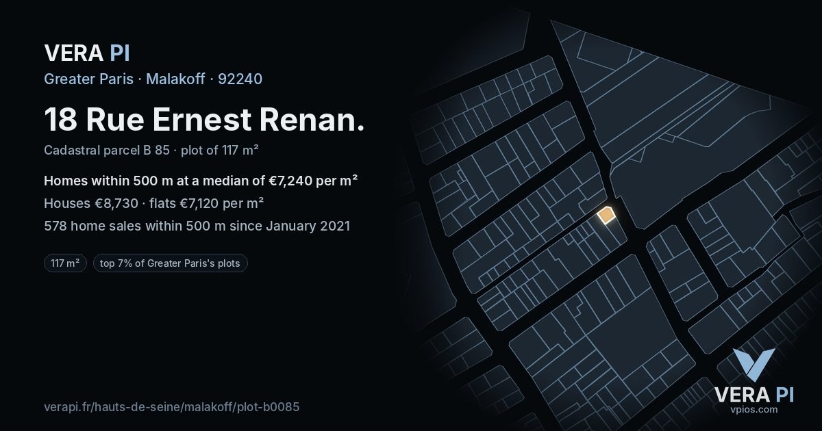 18 Rue Ernest Renan, Malakoff at night – the plot lit, the parcels around coloured by the prices near them