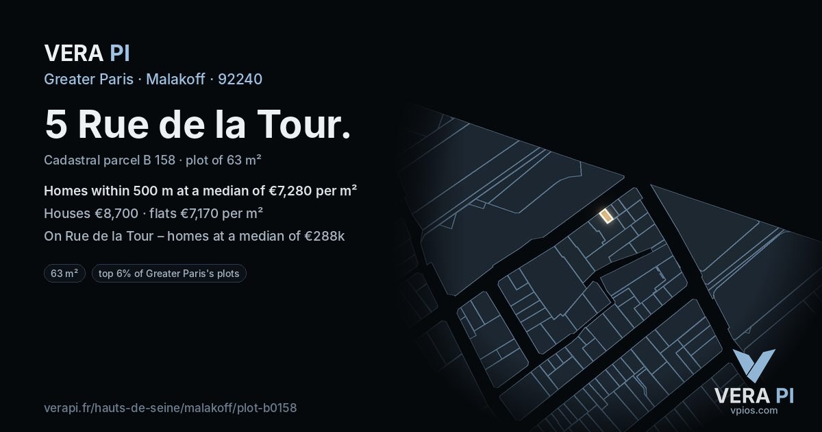 5 Rue de la Tour, Malakoff at night – the plot lit, the parcels around coloured by the prices near them
