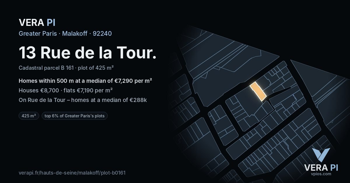 13 Rue de la Tour, Malakoff at night – the plot lit, the parcels around coloured by the prices near them