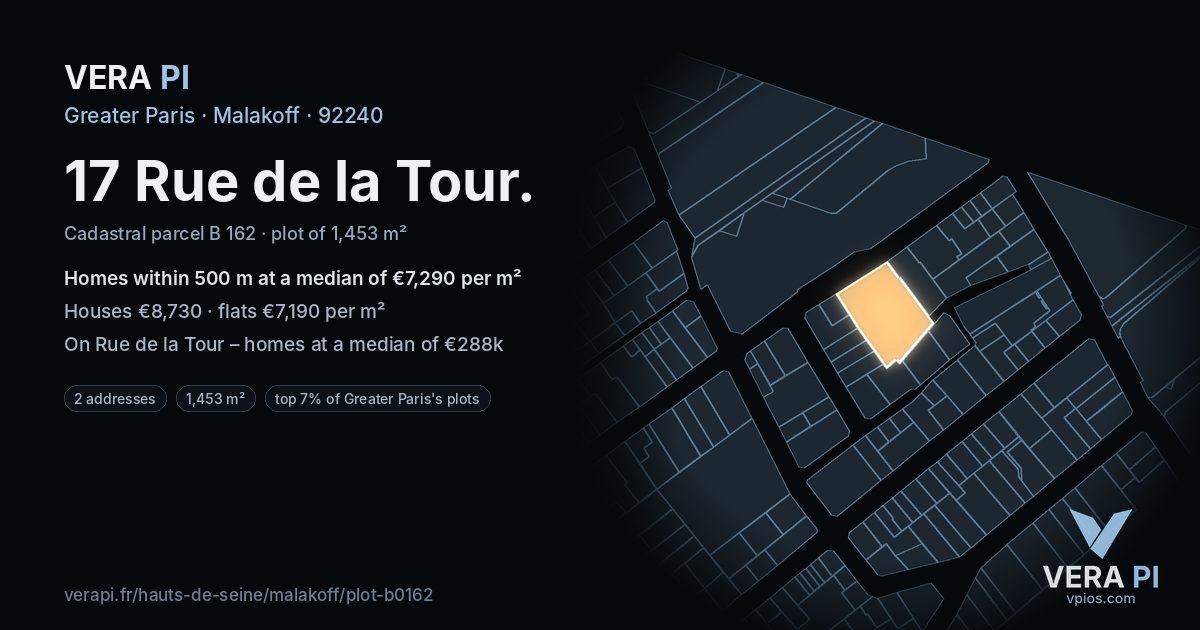 17 Rue de la Tour, Malakoff at night – the plot lit, the parcels around coloured by the prices near them